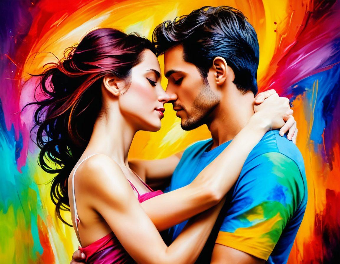 A passionate couple intertwined in an embrace surrounded by vibrant, swirling colors representing different art forms such as painting, sculpture, and photography. In the background, abstract shapes echoing feelings of romance and creativity blend seamlessly. The scene radiates warmth and inspiration, showcasing the beauty of love through artistic expression. super-realistic. vibrant colors. out-of-focus background.