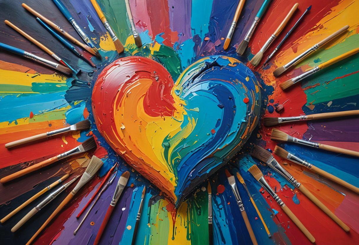 An abstract representation of creativity, showcasing vibrant colors swirling together to form a heart shape, symbolizing affection and passion. Include paintbrushes and art tools scattered around, with a backdrop of various artistic styles melting into one another. The scene should evoke a sense of innovation and fluidity, capturing the essence of visual culture. super-realistic. vibrant colors. painting.