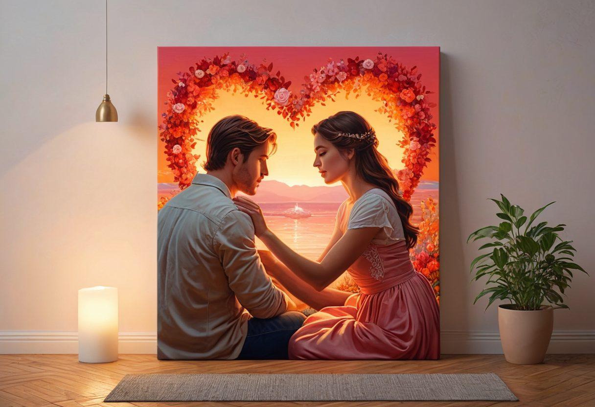 An elegant split image showcasing a painting on one side and its digital screen counterpart on the other, both depicting a romantic scene filled with soft colors and intertwined elements symbolizing love. The brush strokes transition seamlessly into pixel art details, highlighting the aesthetic bond between traditional and digital media. Soft light glows from the screen, casting a warm ambiance on the canvas. A heart motif subtly incorporated in both sides. super-realistic. vibrant colors. 3D.